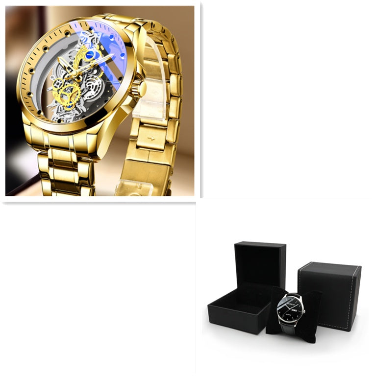 Men Watch Skeleton Automatic Quartz Watch Gold Skeleton
