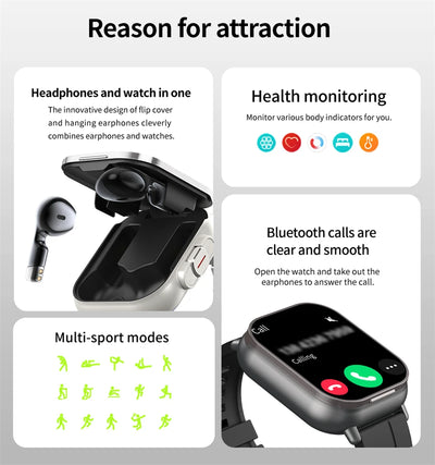 Smart Watch 2 in 1 With Earphone Smartwatch Bluetooth Call Men Watch