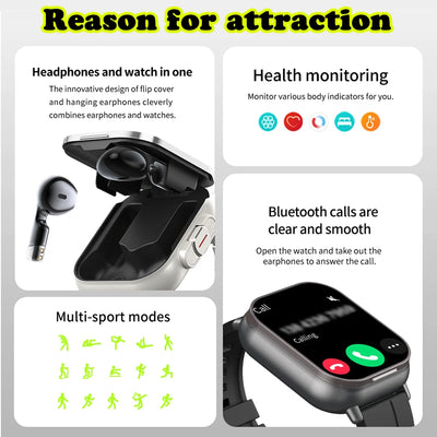 Smart Watch 2 in 1 With Earphone Smartwatch Bluetooth Call Men Watch